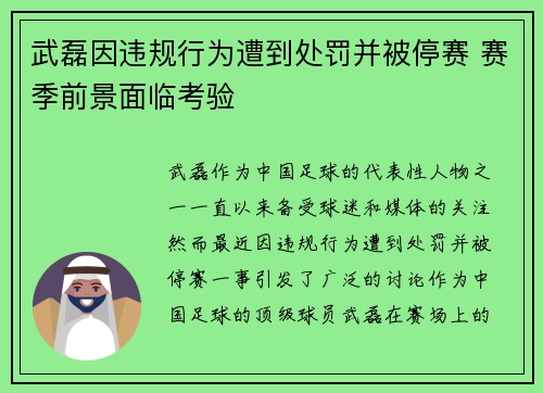 武磊因违规行为遭到处罚并被停赛 赛季前景面临考验