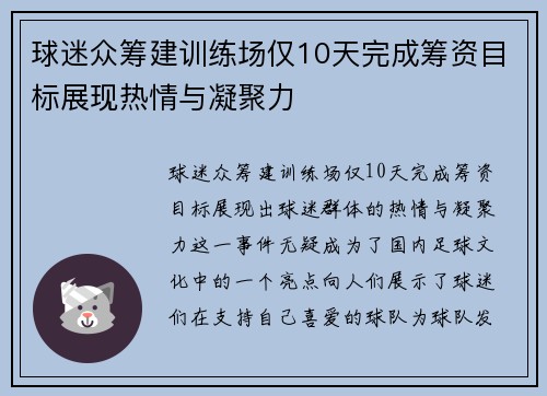 球迷众筹建训练场仅10天完成筹资目标展现热情与凝聚力 球迷众筹建训练场仅10天完成筹资目标展现热情与凝聚力